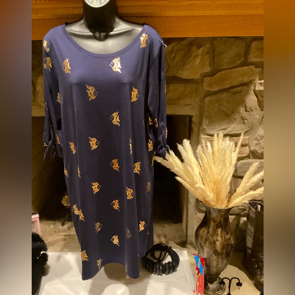 Lilly Pulitzer Preston Navy gold Foil fish design tee shirt dress Sz. XL - Picture 2 of 16